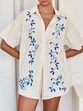 Embroidered Button Up Half Sleeve Top and Shorts Set - Hovatok