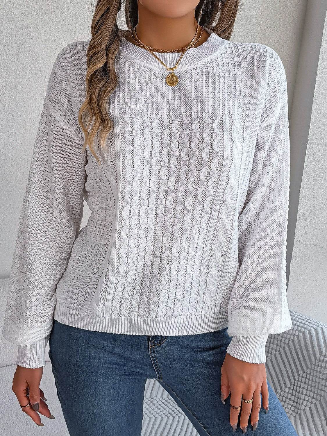 Cable-Knit Round Neck Long Sleeve Sweater - Hovatok