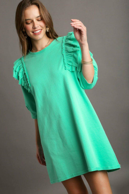 Umgee Full Size French Terry Ruffles Sleeve with Pleats Plus Size - Hovatok