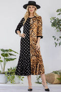Celeste Full Size Polka Dot & Leopard Round Neck Midi Dress Plus Size - Hovatok