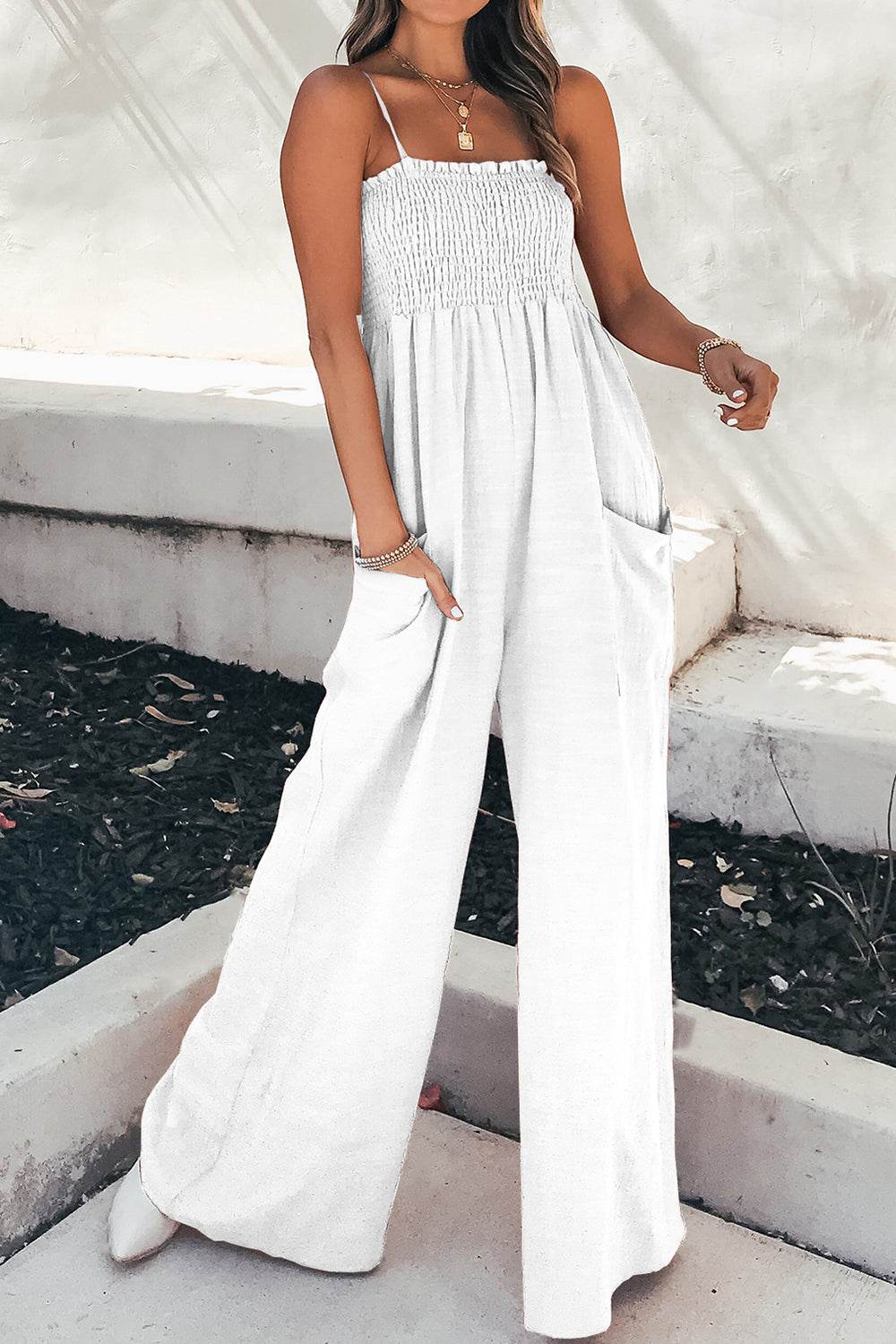 Smocked Spaghetti Strap Wide Leg Jumpsuit - Hovatok