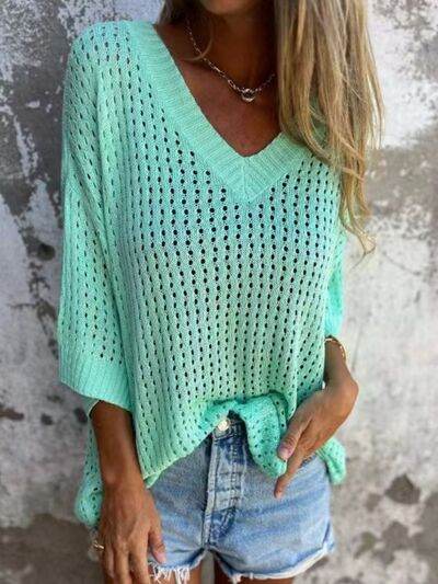 Full Size Openwork V-Neck Knit Cover Up Plus Size - Hovatok