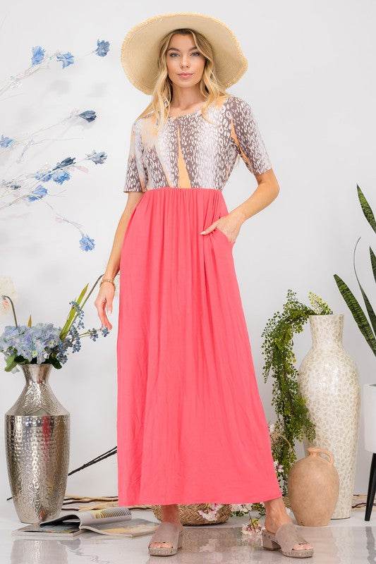Celeste Full Size Leopard Round Neck Short Sleeve Maxi Dress Plus Size - Hovatok