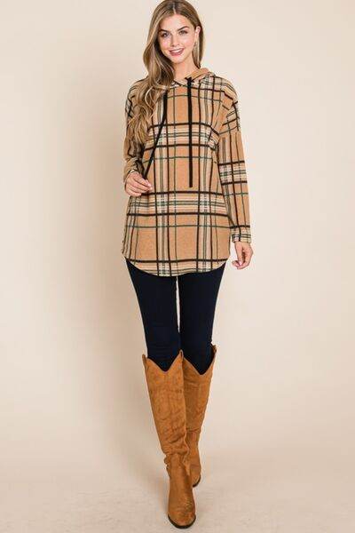 BOMBOM Drawstring Plaid Long Sleeve Hoodie - Hovatok