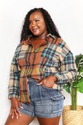 Double Take Plaid Curved Hem Shirt Jacket with Breast Pockets - Hovatok
