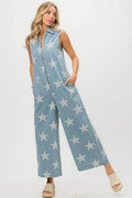 BiBi Star Print Half Zip Sleeveless Denim Jumpsuit - Hovatok