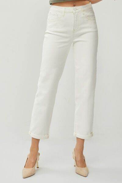 RISEN Full Size High Waist Rolled Hem Straight Jeans - Hovatok