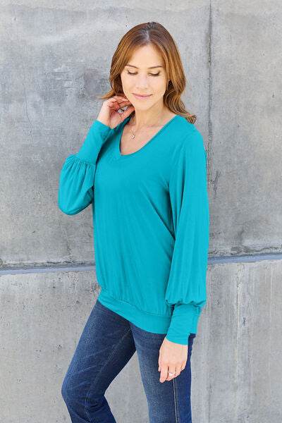 Basic Bae Full Size V-Neck Lantern Sleeve Top - Hovatok