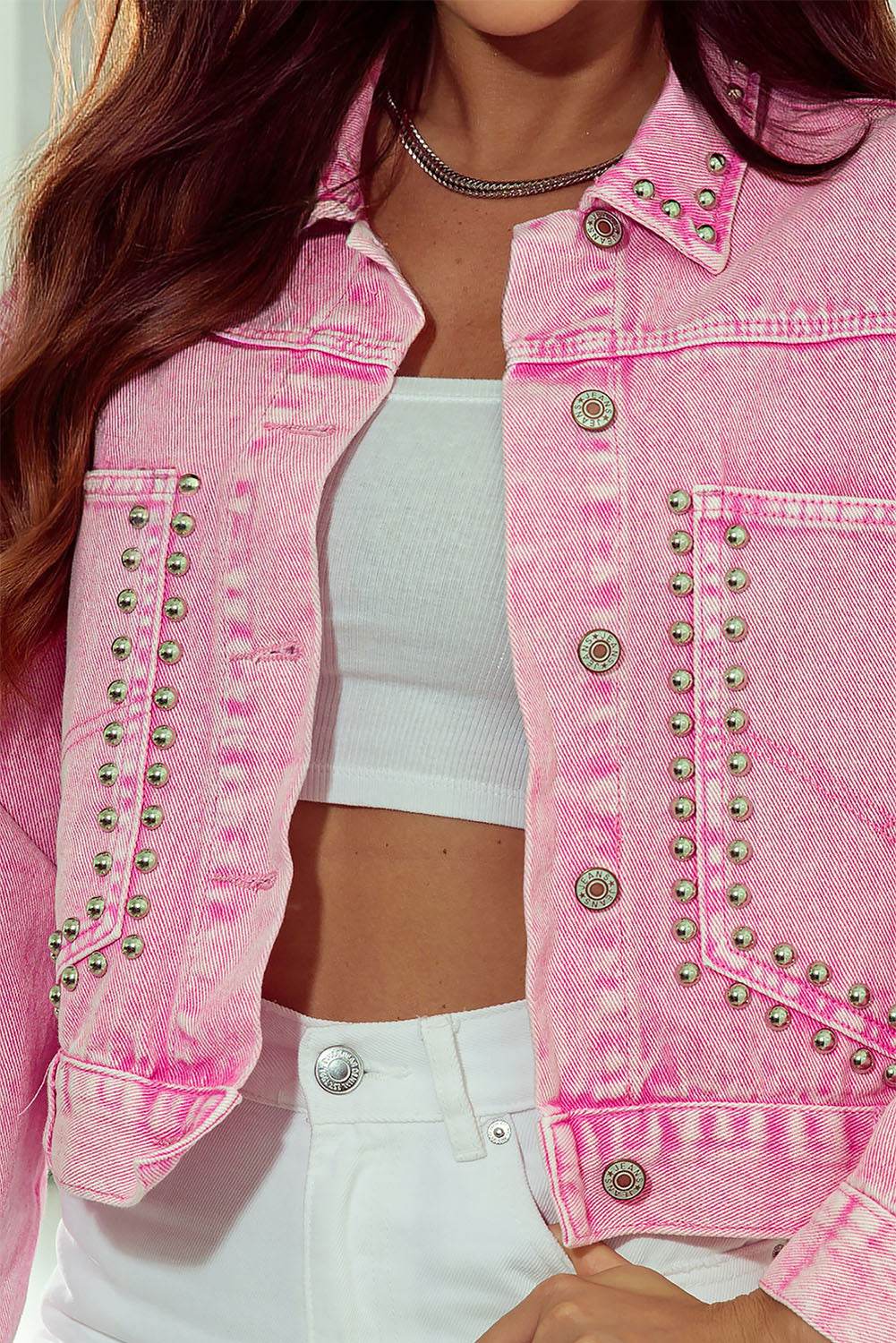 Studded Button Up Denim Jacket - Hovatok