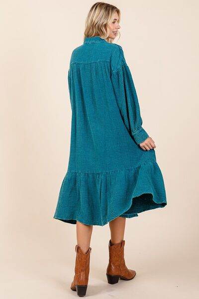 Mittoshop Mineral Wash Cotton Gauze Ruffle Midi Shirt Dress - Hovatok