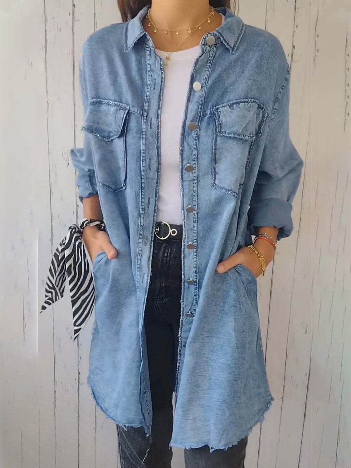 Full Size Raw Hem Button Up Long Sleeve Denim Top Plus Size - Hovatok