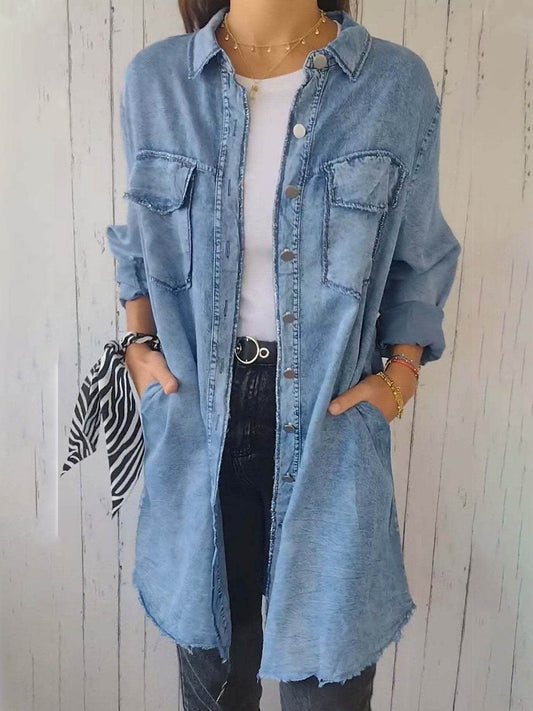 Full Size Raw Hem Button Up Long Sleeve Denim Top Plus Size - Hovatok