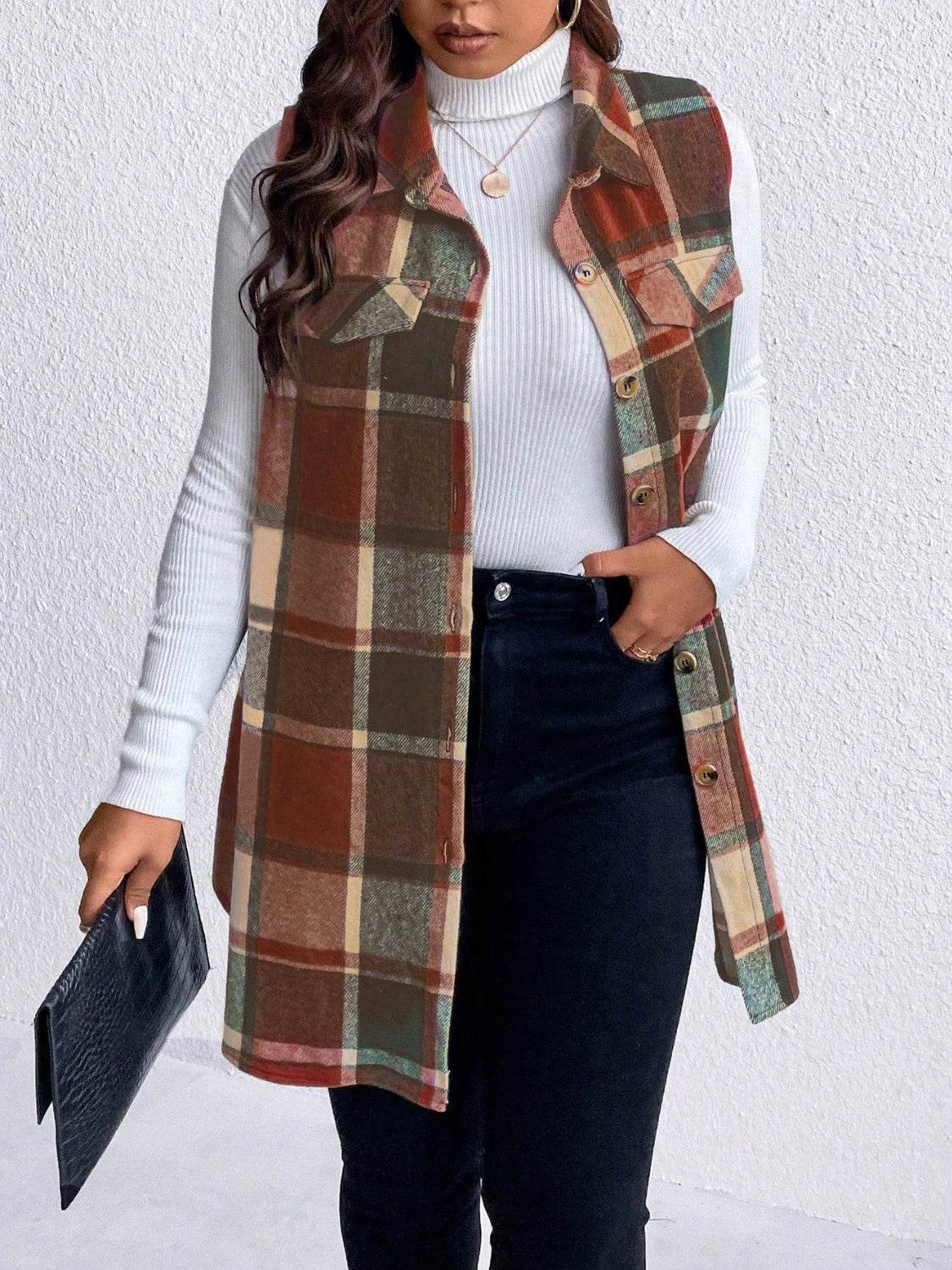 Honey Plus Size Pocketed Plaid Button Up Vest Coat - Hovatok
