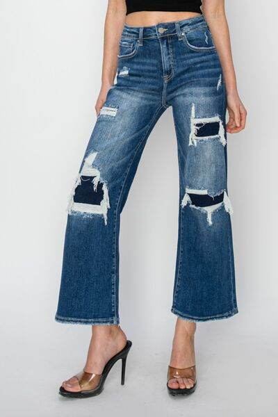 Risen Full Size High Rise Patch Detailed Wide Leg Crop Jeans - Hovatok