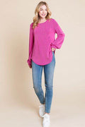 BOMBOM Long Sleeve Curved Hem Ribbed T-Shirt - Hovatok