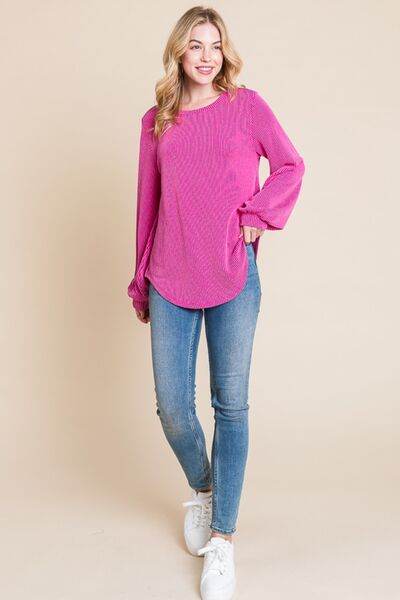 BOMBOM Long Sleeve Curved Hem Ribbed T-Shirt - Hovatok