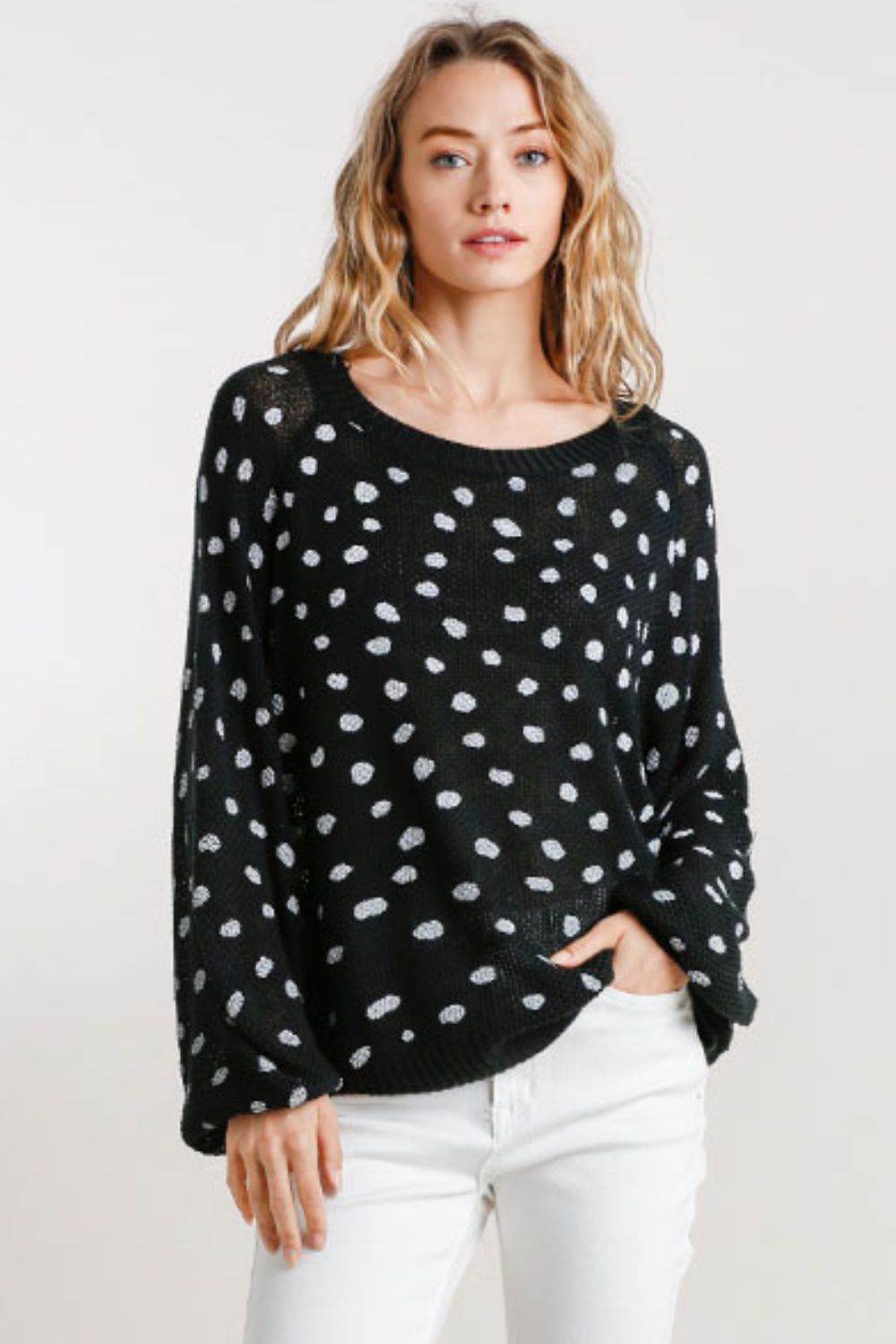 Umgee Full Size Dalmatian Hand Stamped Round Neck Sweater Plus Size - Hovatok