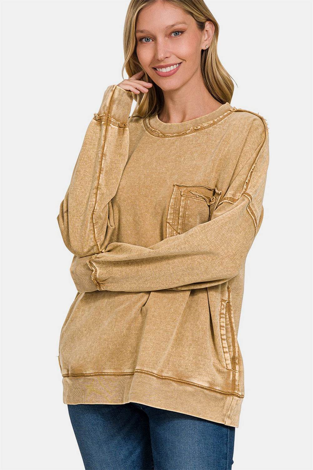Zenana Exposed Seam Round Neck Dropped Shoulder Sweatshirt - Hovatok