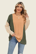 Double Take Texture Contrast Round Neck Long Sleeve T-Shirt - Hovatok