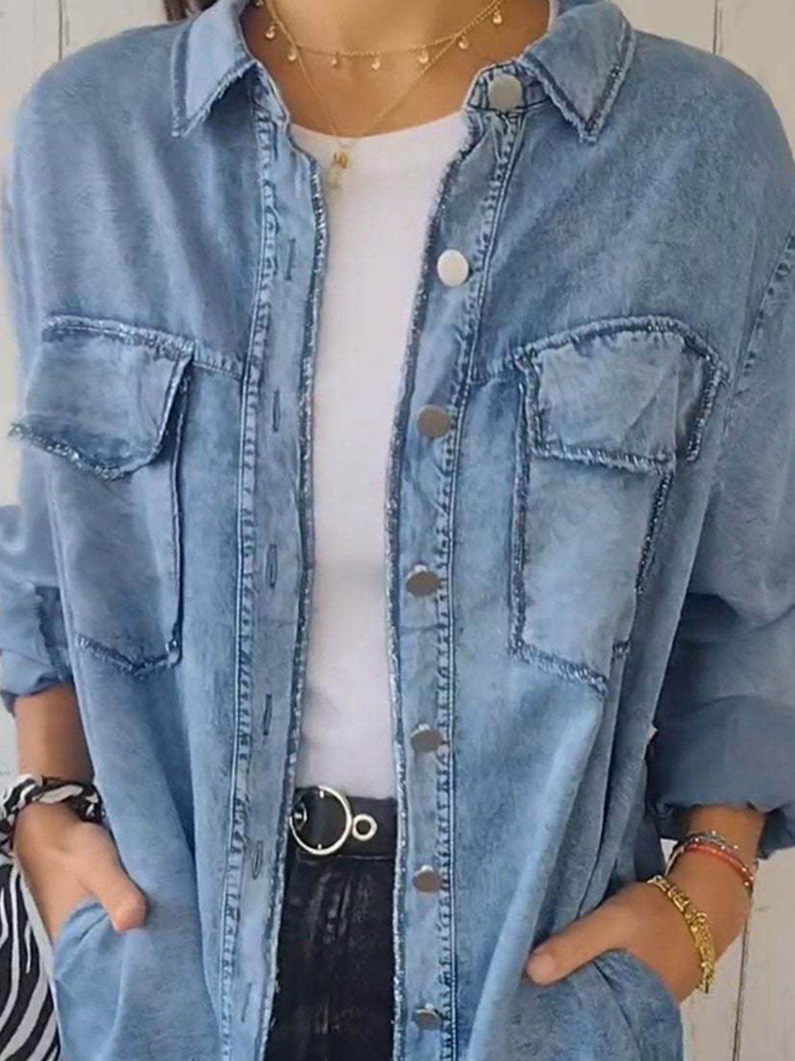 Full Size Raw Hem Button Up Long Sleeve Denim Top Plus Size - Hovatok