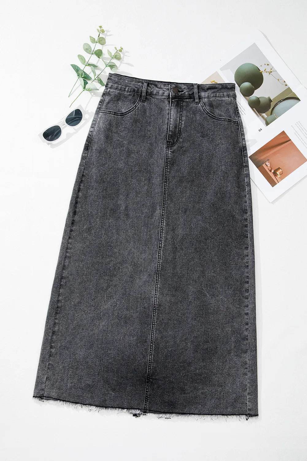 Raw Hem Midi Denim Skirt with Pockets - Hovatok