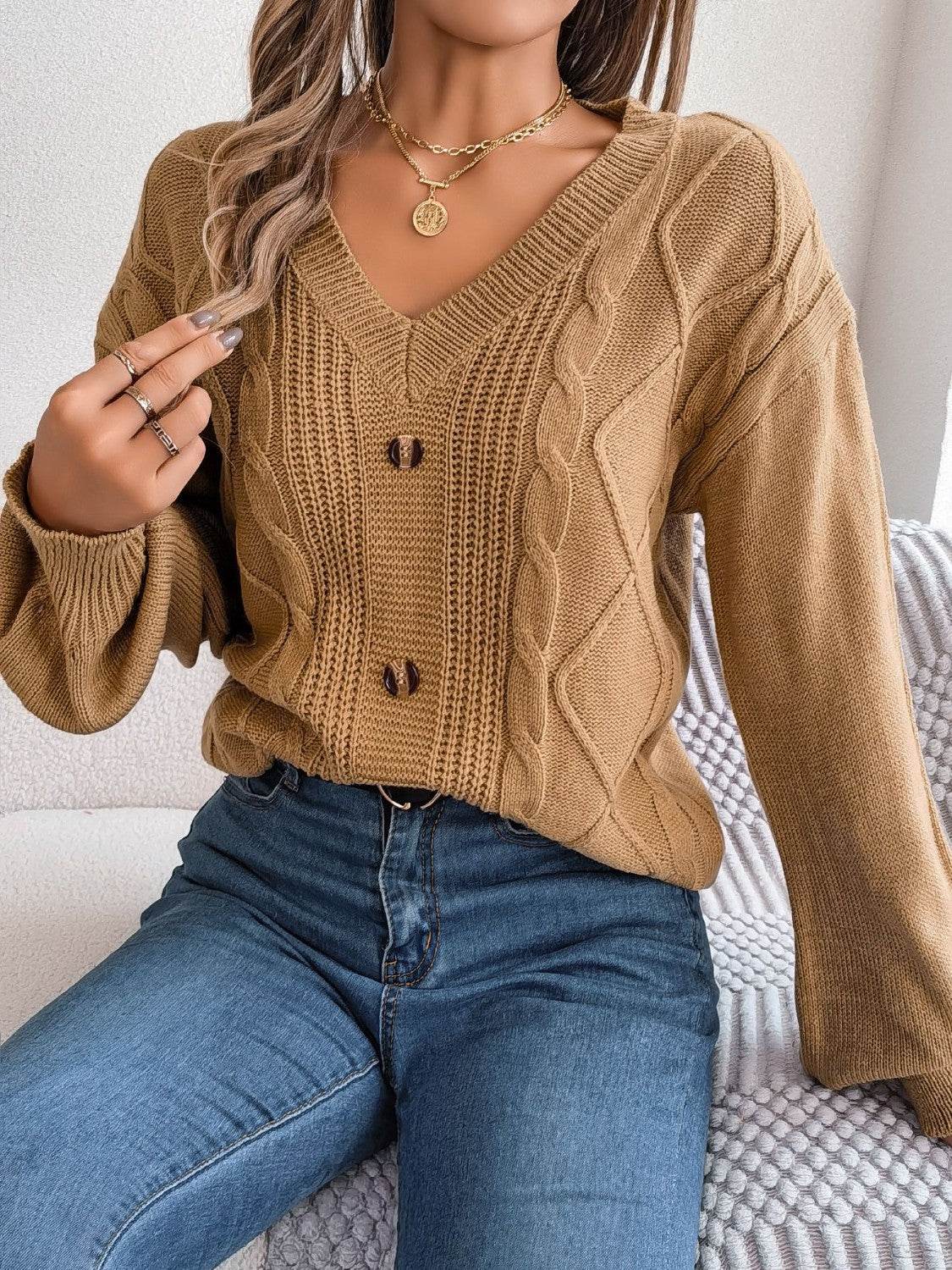 Cable-Knit Buttoned V-Neck Sweater - Hovatok
