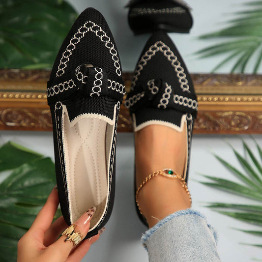 knitted Slip-On Flats with Bow - Hovatok