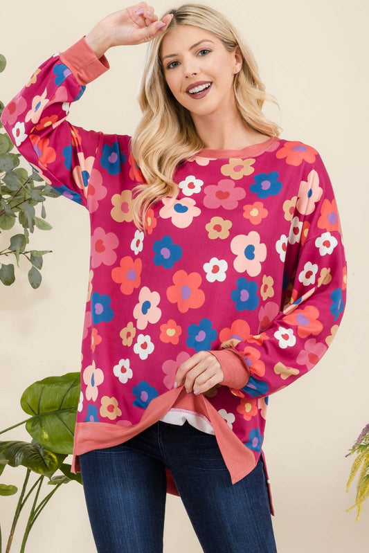 Celeste Full Size Side Slit Flower Print Long Sleeve Top - Hovatok