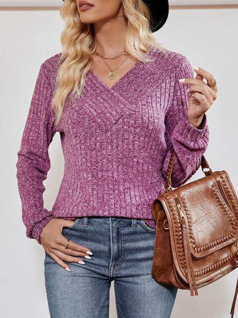V-Neck Ribbed Long Sleeve Top - Hovatok