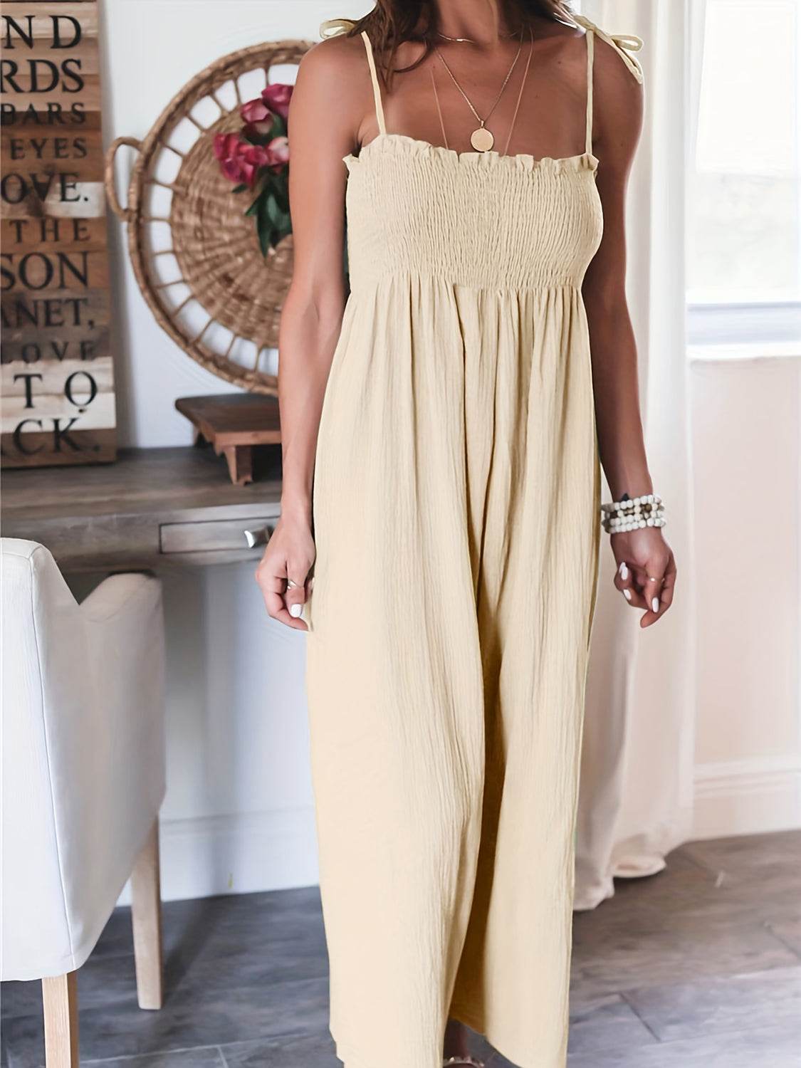 Full Size Smocked Spaghetti Strap Wide Leg Jumpsuit - Hovatok