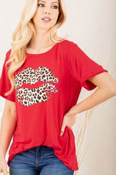 Heimish Full Size Leopard Lip Round Neck Short Sleeve T-Shirt Plus Size - Hovatok