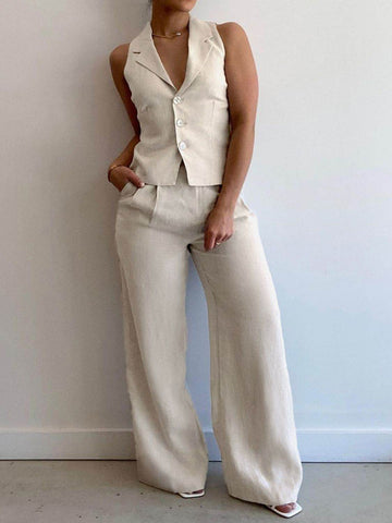 Devine Lapel Collar Sleeveless Top and Pants Set - Hovatok
