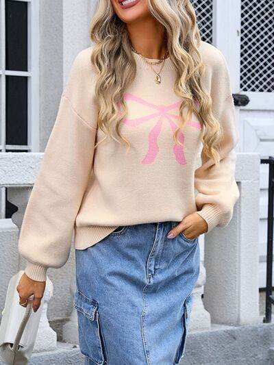Angel Wings Bow Graphic Round Neck Long Sleeve Sweater - Hovatok