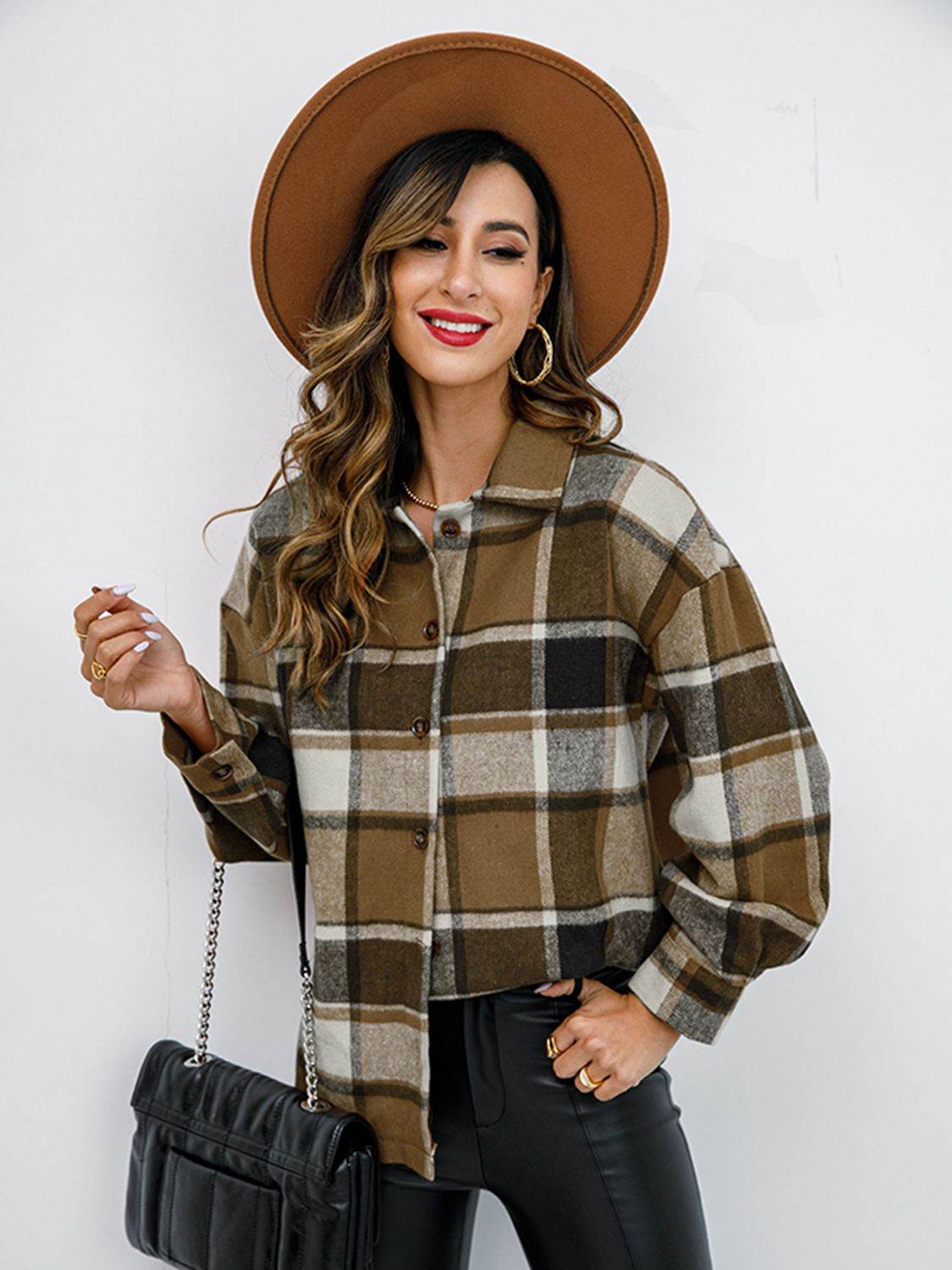 Shiny Plaid Button Up Collared Neck Jacket - Hovatok