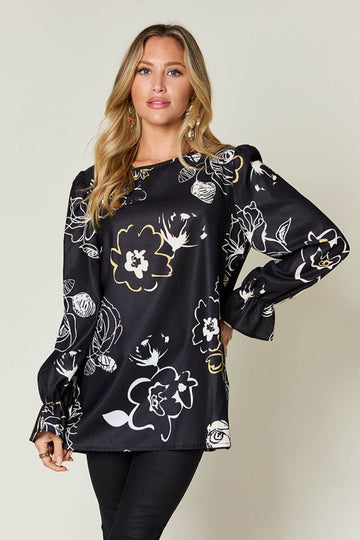 Double Take Full Size Printed Flounce Sleeve Blouse - Hovatok