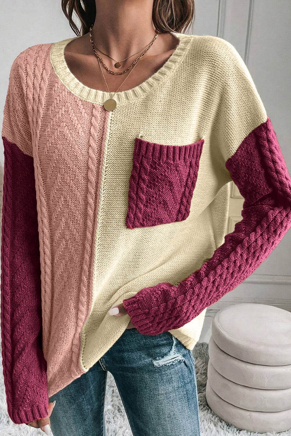 Double Take Full Size Color Block Drop Shoulder Sweater - Hovatok