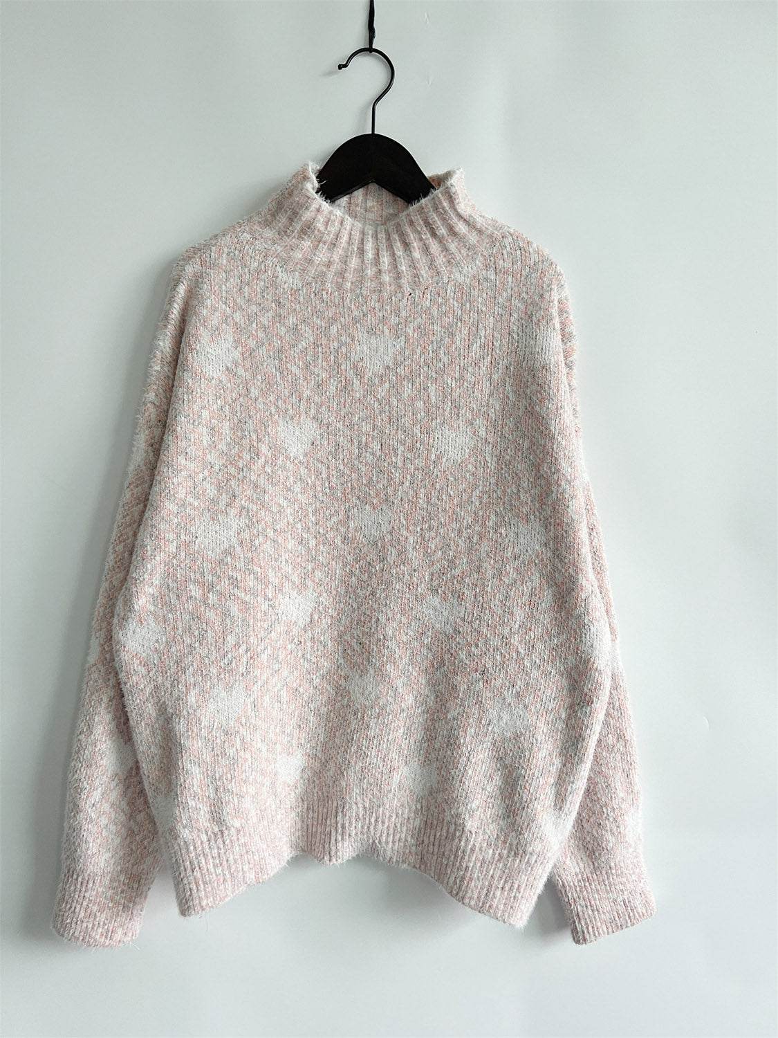 Heart Heathered Turtleneck Drop Shoulder Sweater - Hovatok