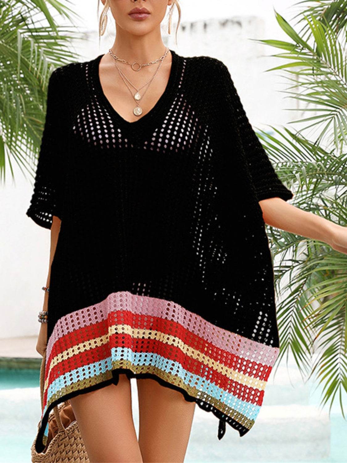 Slit Openwork V-Neck Half Sleeve Cover-Up - Hovatok