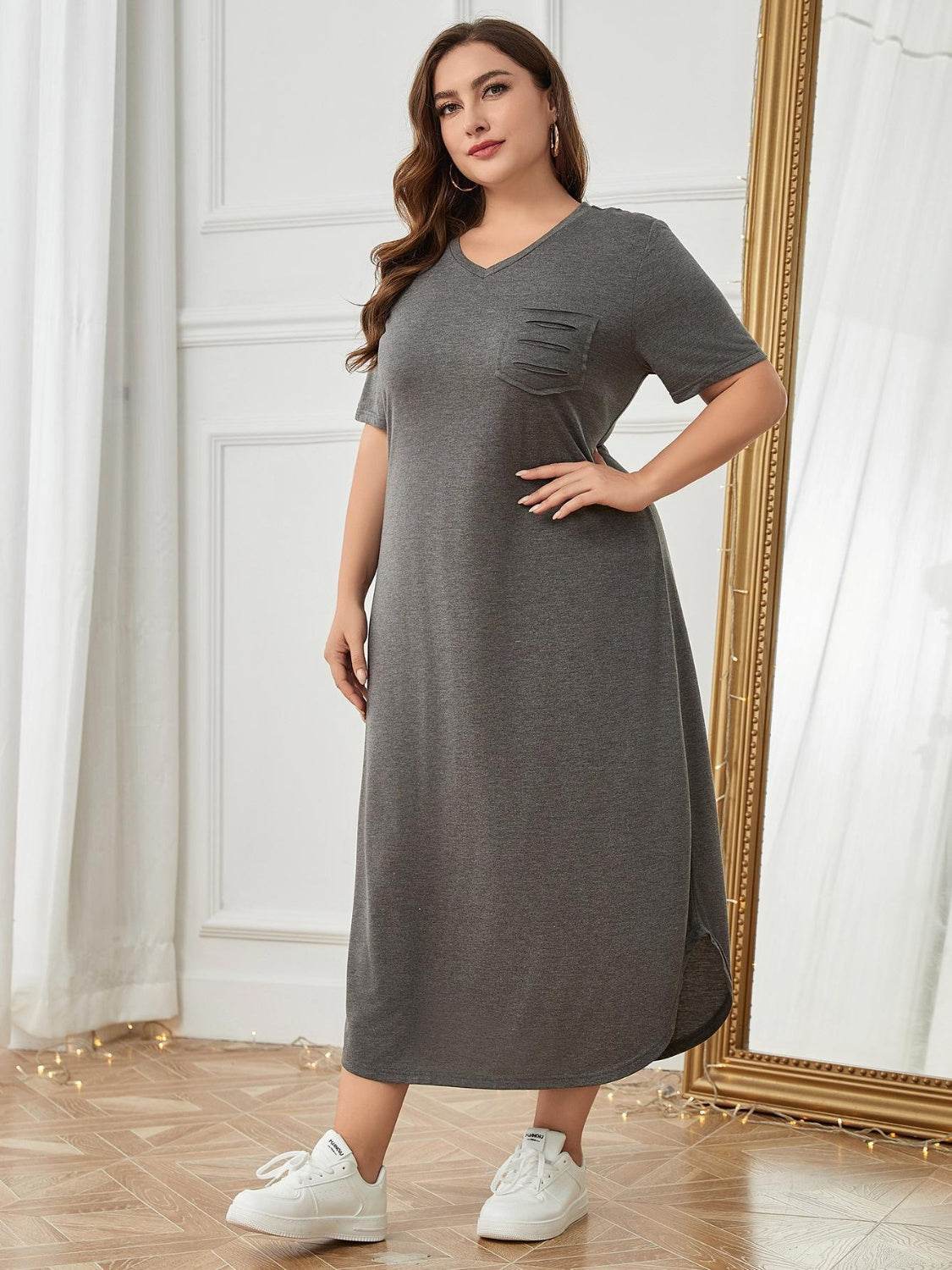 Plus Size Pocketed V-Neck Short Sleeve Lounge Dress - Hovatok