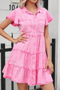 Collared Neck Button Down Mini Denim Dress - Hovatok