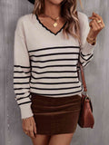 Angel Wings Striped V-Neck Drop Shoulder Sweater - Hovatok