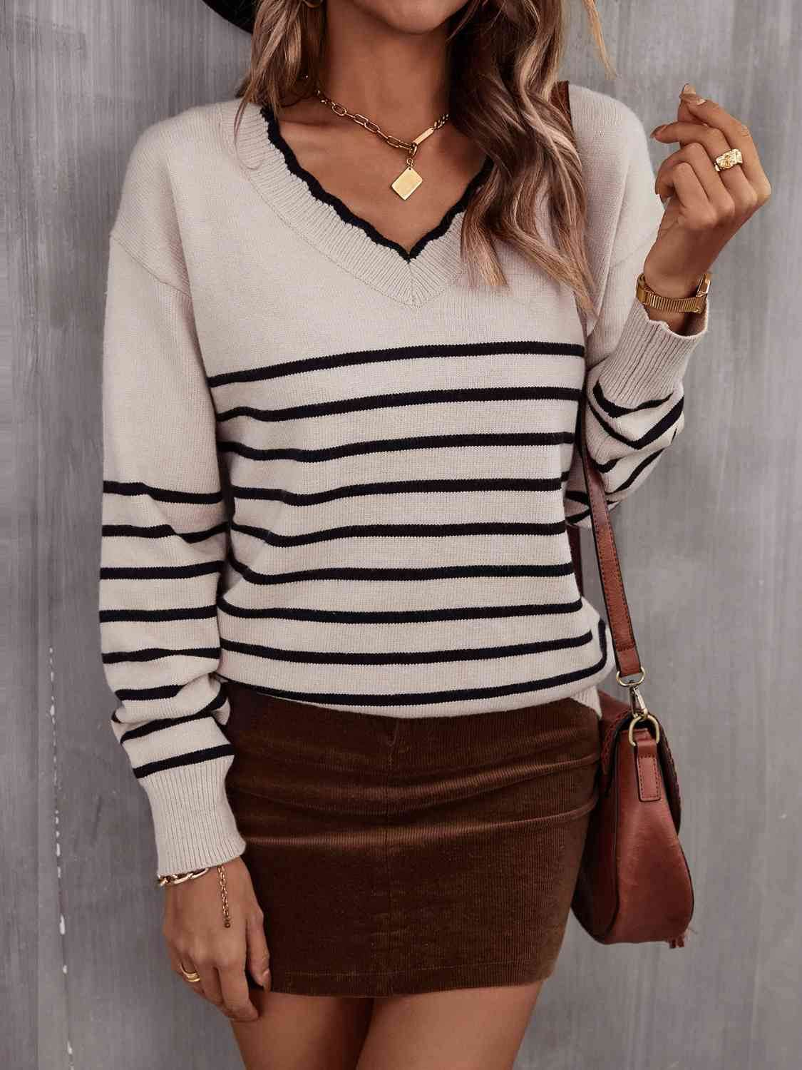 Angel Wings Striped V-Neck Drop Shoulder Sweater - Hovatok