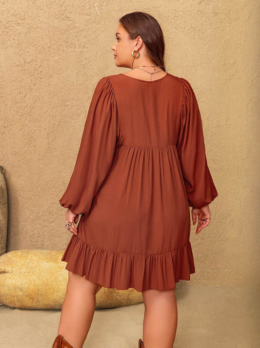 Plus Size Embroidered Tie Neck Balloon Sleeve Mini Dress - Hovatok