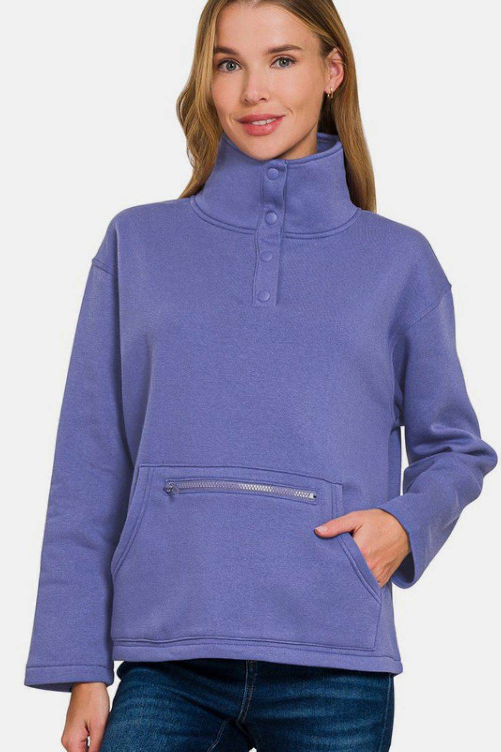Zenana Turtleneck Half Snap Fleece Sweatshirt - Hovatok