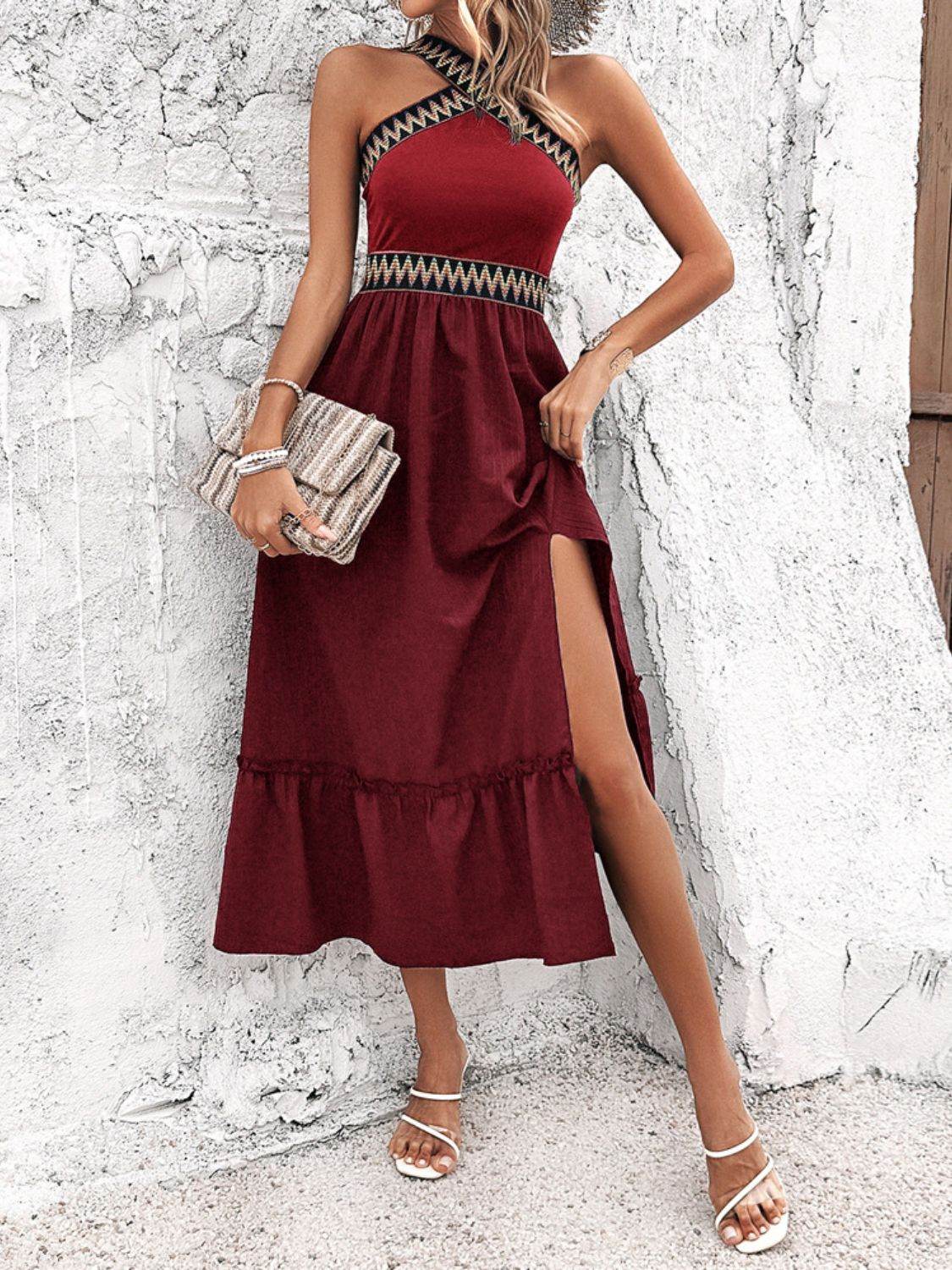 Devine Ruffled Slit Sleeveless Midi Dress - Hovatok