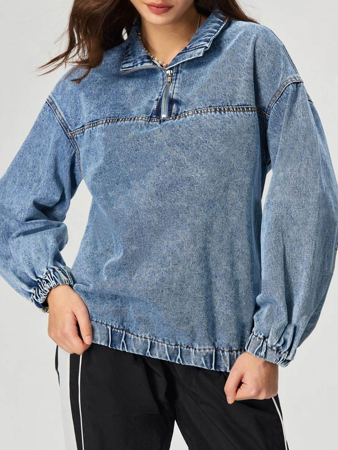 Quarter Zip Collared Neck Denim Top - Hovatok