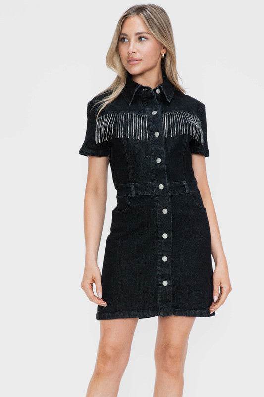 bytos Full Size Embellished Button Down Short Sleeve Denim Dress - Hovatok