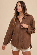 Annie Wear Openwork Button Down Drop Shoulder Shirt - Hovatok