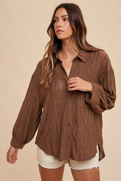 Annie Wear Openwork Button Down Drop Shoulder Shirt - Hovatok