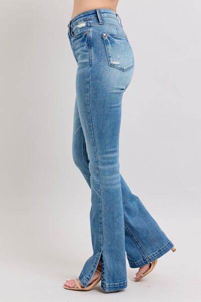 Judy Blue HW Tummy Control Vintage Wash Side Slit Slim Boot Jeans - Hovatok
